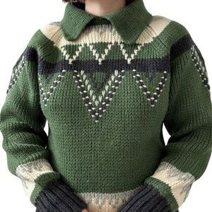 Vintage 1970s Hand Knit Womens Green 100% Wool Collared Oversized Chunky Sweater